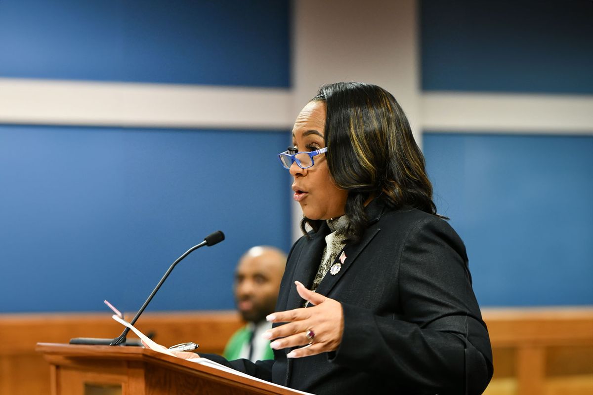 Fulton County District Attorney Fani Willis appears before Judge Scott MacAfee for a hearing in the 2020 Georgia election interference case at the Fulton County Courthouse on November 21, 2023 in Atlanta, Georgia. (Dennis Byron-Pool/Getty Images)
