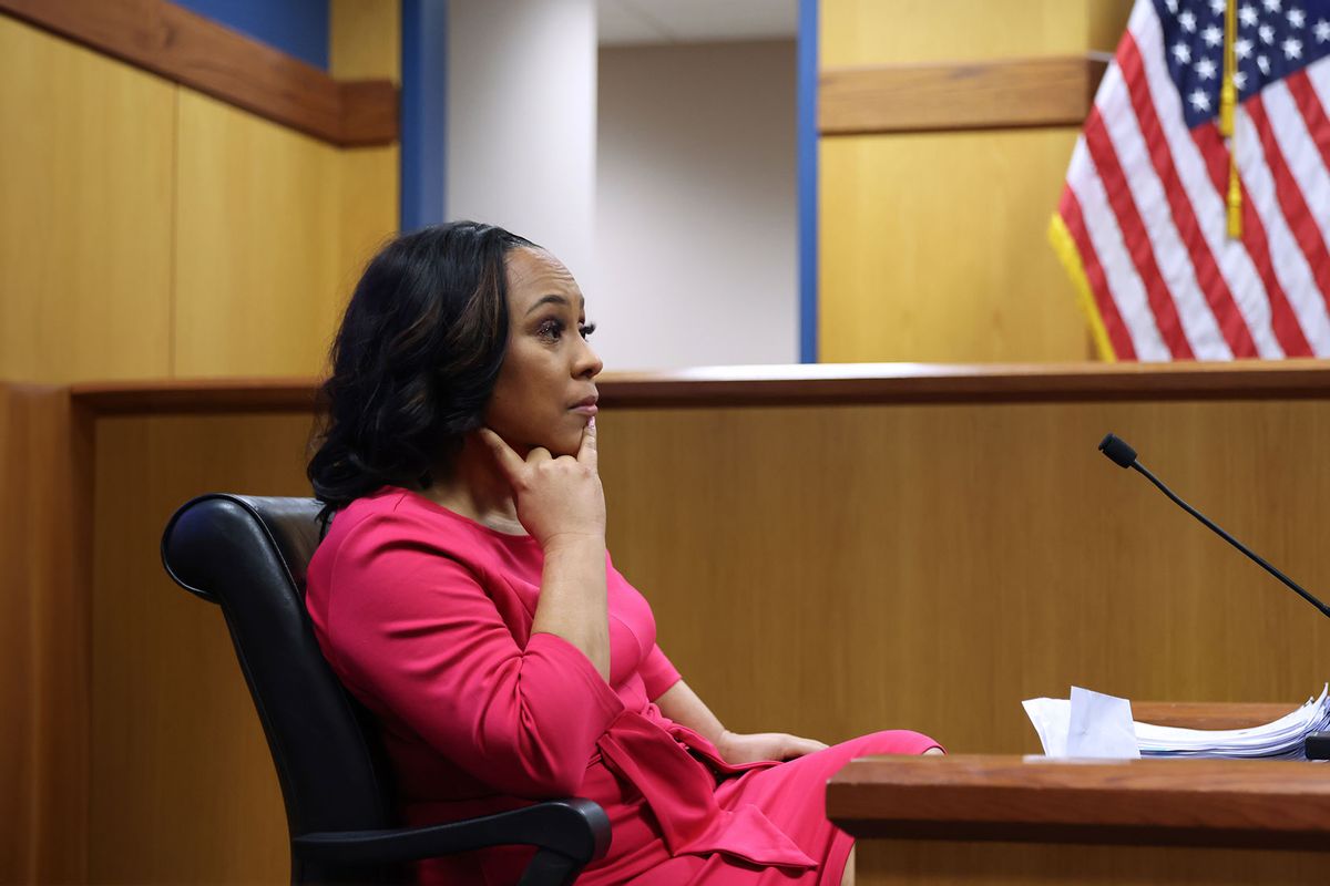 Fulton County District Attorney Fani Willis takes the stand as a witness during a hearing in the case of the State of Georgia v. Donald John Trump at the Fulton County Courthouse on February 15, 2024 in Atlanta, Georgia. (Alyssa Pointer-Pool/Getty Images)