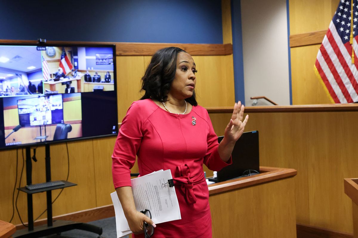 Fulton County District Attorney Fani Willis speaks during a hearing in the case of State of Georgia v. Donald John Trump at the Fulton County Courthouse on February 15, 2024 in Atlanta, Georgia. (Alyssa Pointer-Pool/Getty Images)