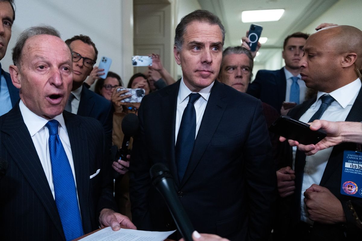 Hunter Biden, center, and his attorney Abbe Lowell, left, address the media after leaving the House Oversight and Accountability Committee markup titled "Resolution Recommending That The House Of Representatives Find Robert Hunter Biden In Contempt Of Congress," in Rayburn Building on Wednesday, January 10, 2024.  (Tom Williams/CQ-Roll Call, Inc via Getty Images)