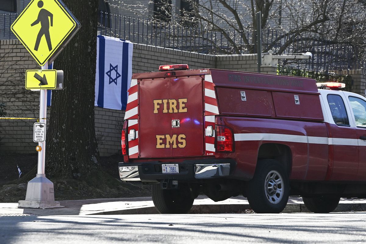 Police take security measures and investigate the crime scene after 25-year-old Aaron Bushnell, an active-duty member of the US Air Force, set himself on fire Sunday outside the Israeli Embassy in Washington, D.C. in protest against the war in Gaza on February 25, 2024. (Celal Gunes/Anadolu via Getty Images)