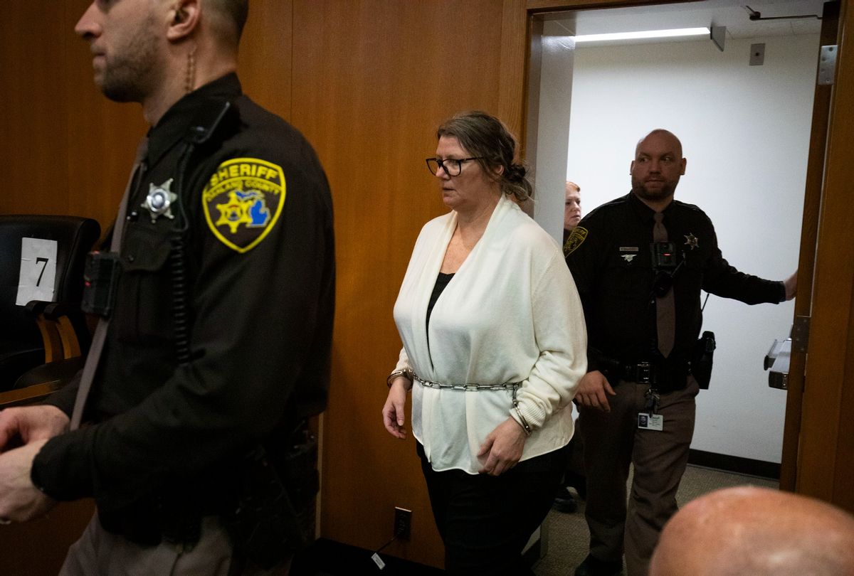 Jennifer Crumbley, the mother of Oxford school shooter Ethan Crumbley, enters a court room at Oakland County Circuit Court before jury deliberations begin in her trial on four counts of involuntary manslaughter on February 5, 2024 in Pontiac, Michigan.  (Bill Pugliano/Getty Images)