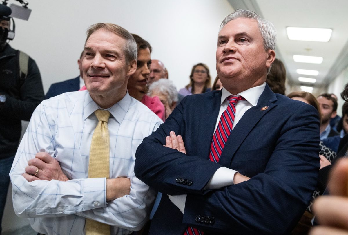 Reps. James Comer, R-Ky., right, chairman of the House Oversight and Accountability Committee, and Jim Jordan, R-Ohio, chairman of the House Judiciary Committee, on Wednesday, December 13, 2023.  (Tom Williams/CQ-Roll Call, Inc via Getty Images)
