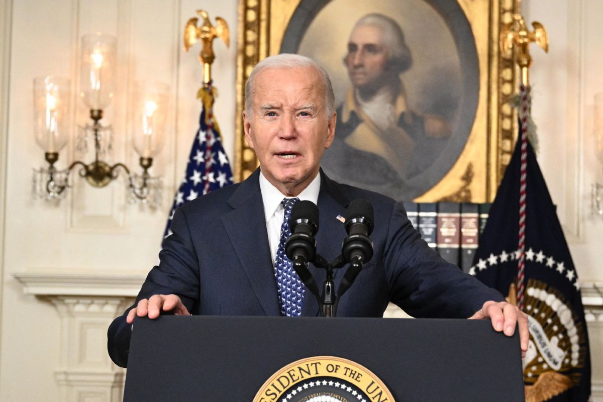 President Joe Biden speaks about the Special Counsel report in the Diplomatic Reception Room of the White House in Washington, DC, on February 8, 2024 in a surprise last-minute addition to his schedule for the day.  (MANDEL NGAN/AFP via Getty Images)