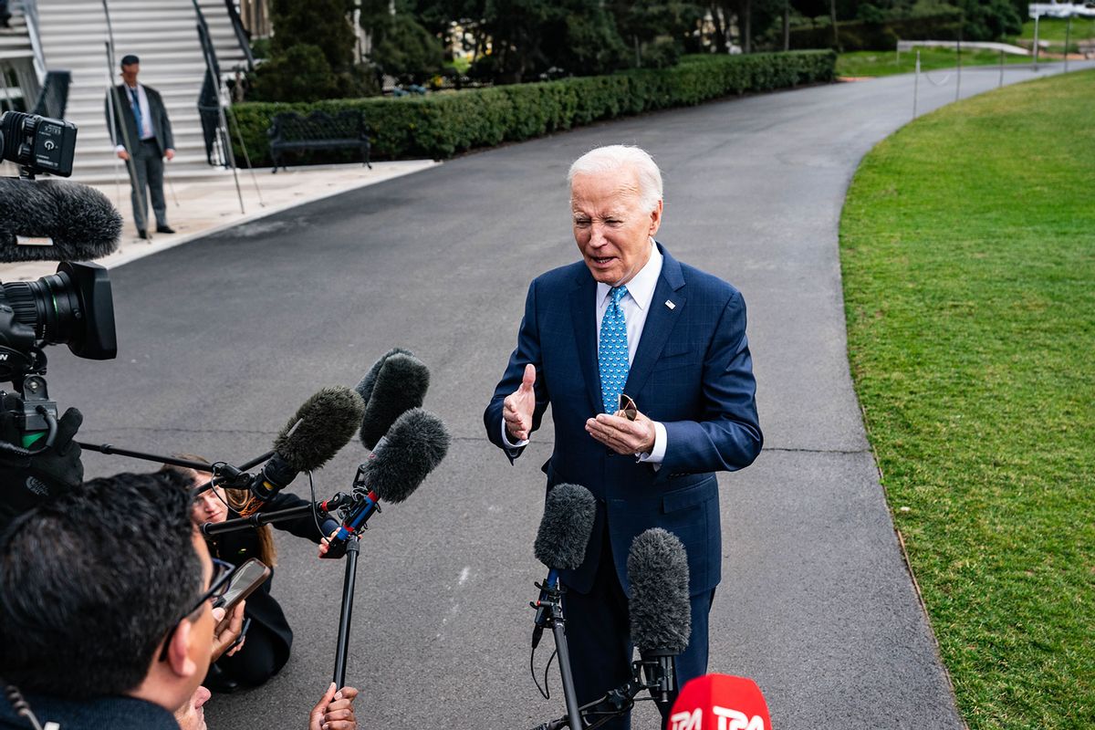 President Joe Biden is departing the White House and stopping to talk to the press on his way to an event in Miami, Florida, on January 30th, 2024. (Andrew Thomas/NurPhoto via Getty Images)