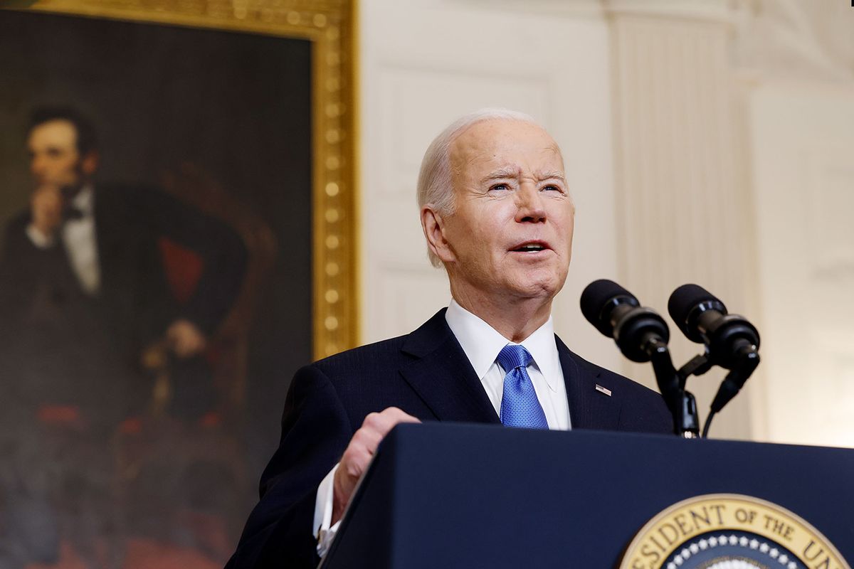 U.S. President Joe Biden speaks on the Senate's recent passage of the National Security Supplemental Bill, which provides military aid to Ukraine, Israel and Taiwan, in the State Dining Room of the White House on February 13, 2024 in Washington, DC. (Anna Moneymaker/Getty Images)