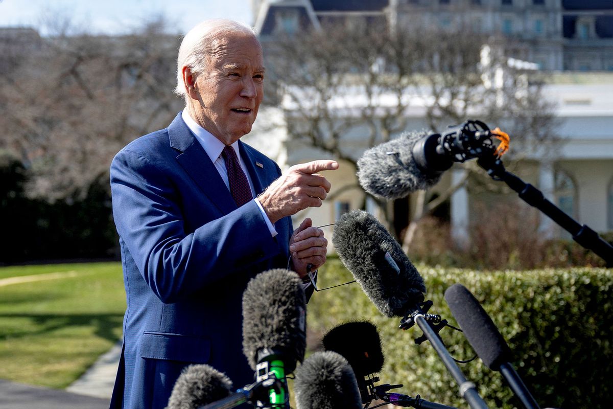 US President Joe Biden speaks to reporters on his way to Marine One on the South Lawn as he departs the White House on February 20, 2024 in Washington, DC. Biden is traveling to multiple cities in California for a three-day fundraising swing. (JIM WATSON/AFP via Getty Images)