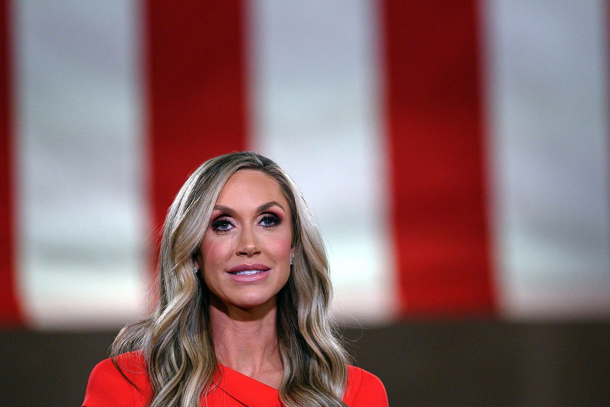 Lara Trump, wife of US President Donald Trump's son Eric, addresses the Republican National Convention in a pre-recorded speech at the Andrew W. Mellon Auditorium in Washington, DC, on August 26, 2020. (NICHOLAS KAMM/AFP via Getty Images)