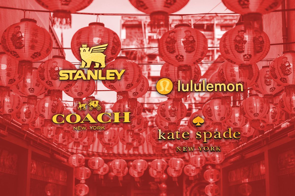 Stanley 1913, Lululemon, Coach, and Kate Spade logos, over Chinese lanterns at a temple on Lunar New Years Eve (Photo illustration by Salon/Getty Images)