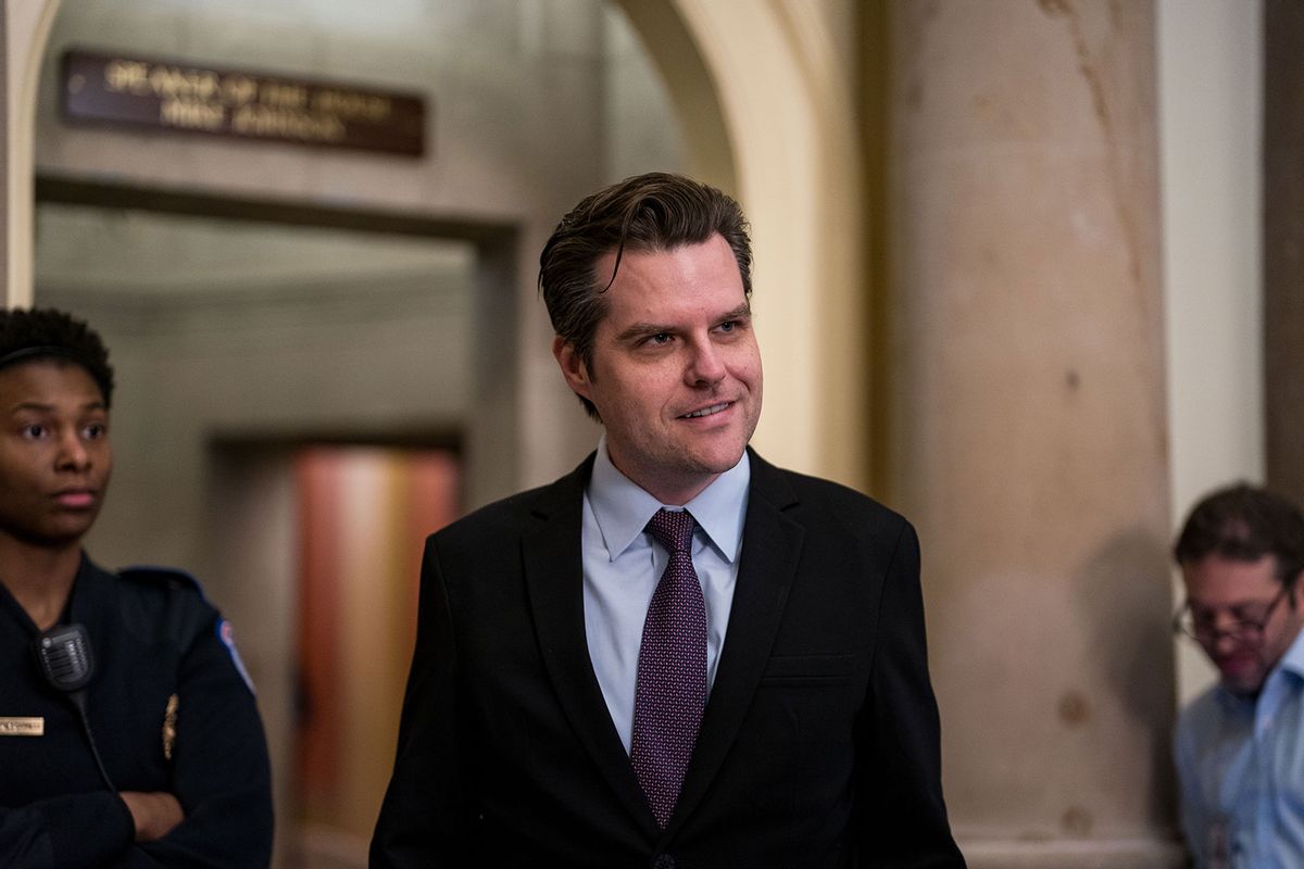 Rep. Matt Gaetz (R-FL) leaves the Speakers office where the House Freedom Caucus is meeting with Speaker of the House Mike Johnson (R-LA) at the U.S. Capitol on January 11, 2024 in Washington, DC. (Kent Nishimura/Getty Images)