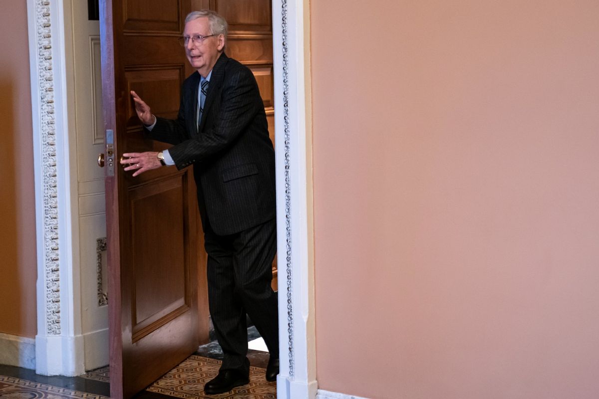 Senate Minority Leader Mitch McConnell (R-KY) walks toward his office on February 28, 2024 in Washington, DC. McConnell announced Wednesday that he would step down as Republican leader in November.  (Nathan Howard/Getty Images)