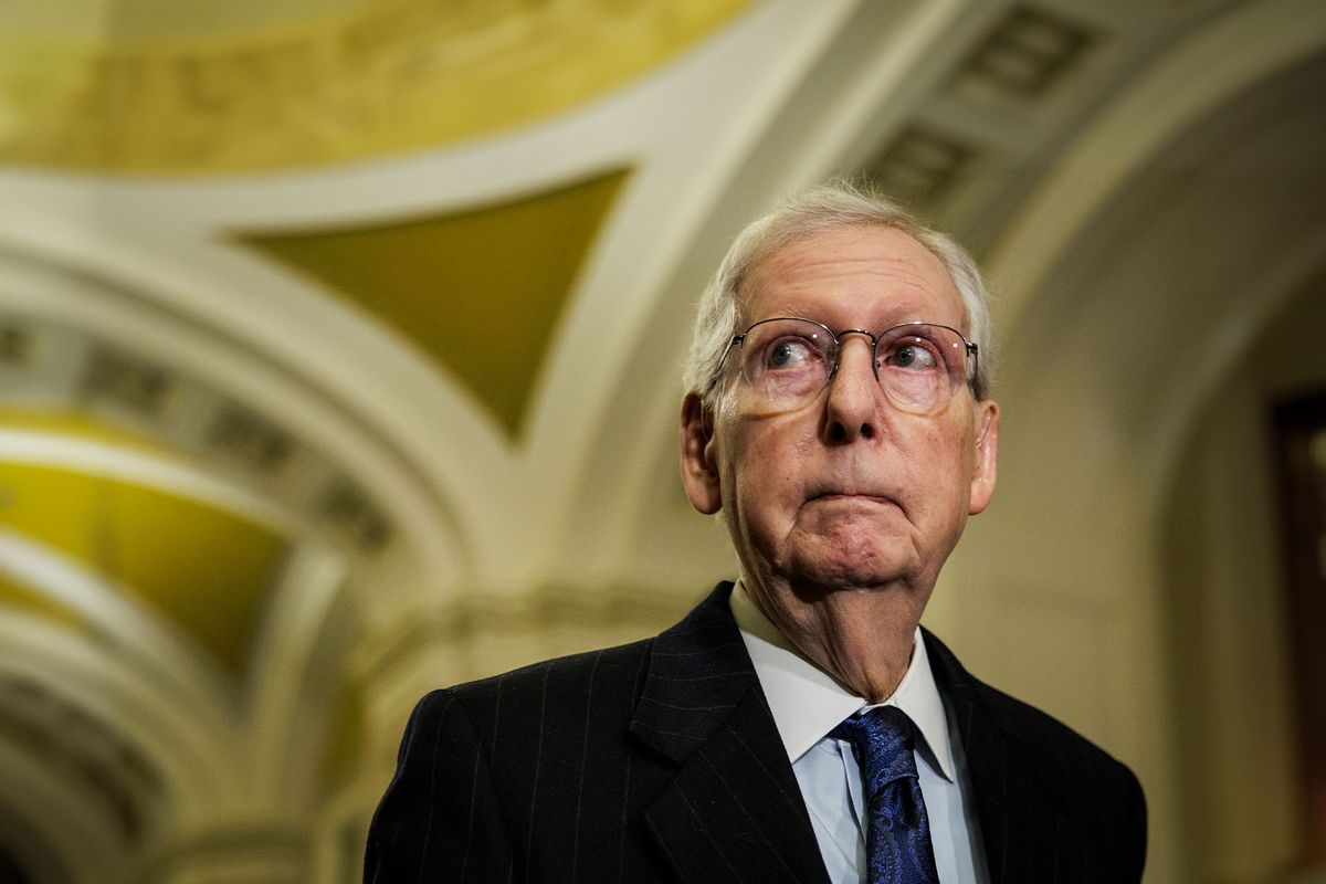 Senate Minority Leader Mitch McConnell (R-KY) speaks during a press conference following the Republicans weekly policy luncheon on January 23, 2024 in Washington, DC. (Samuel Corum/Getty Images)