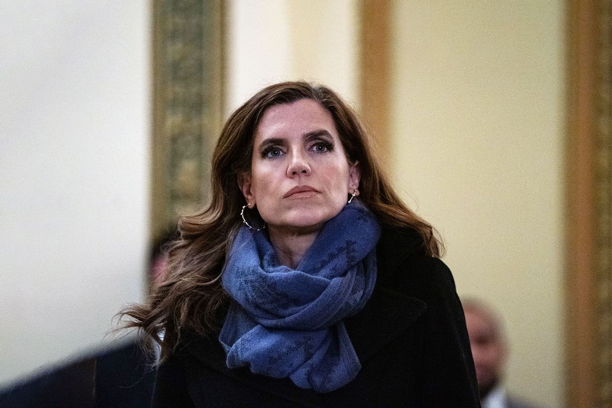 Rep. Nancy Mace (R-SC) looks on towards other members of Congress doing television interviews at the U.S. Capitol on January 18, 2024 in Washington, DC. (Kent Nishimura/Getty Images)