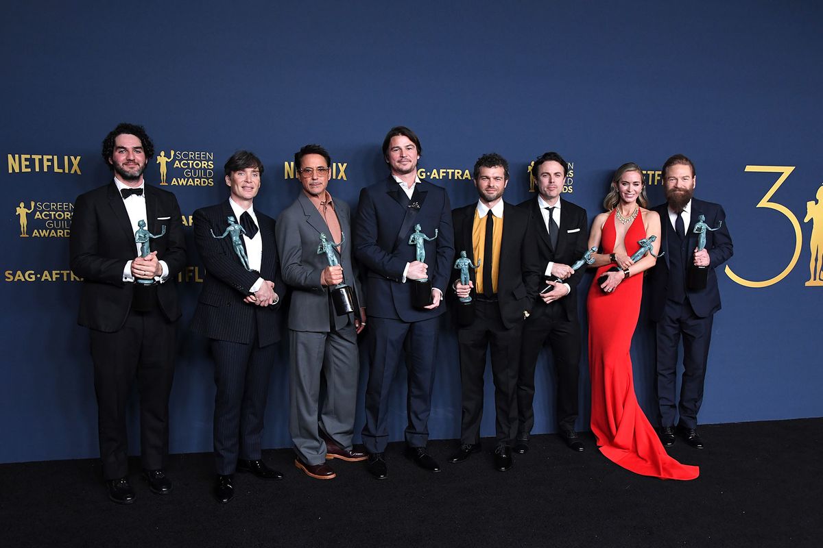 Benny Safdie, Cillian Murphy, Robert Downey Jr., Josh Hartnett, Alden Ehrenreich, Casey Affleck, Emily Blunt and Kenneth Branagh, winner of the Outstanding Performance by a Cast in a Motion Picture award for 'Oppenheimer' poses at the 30th Annual Screen Actors Guild Awards at Shrine Auditorium and Expo Hall on February 24, 2024 in Los Angeles, California. (Steve Granitz/FilmMagic/Getty Images)