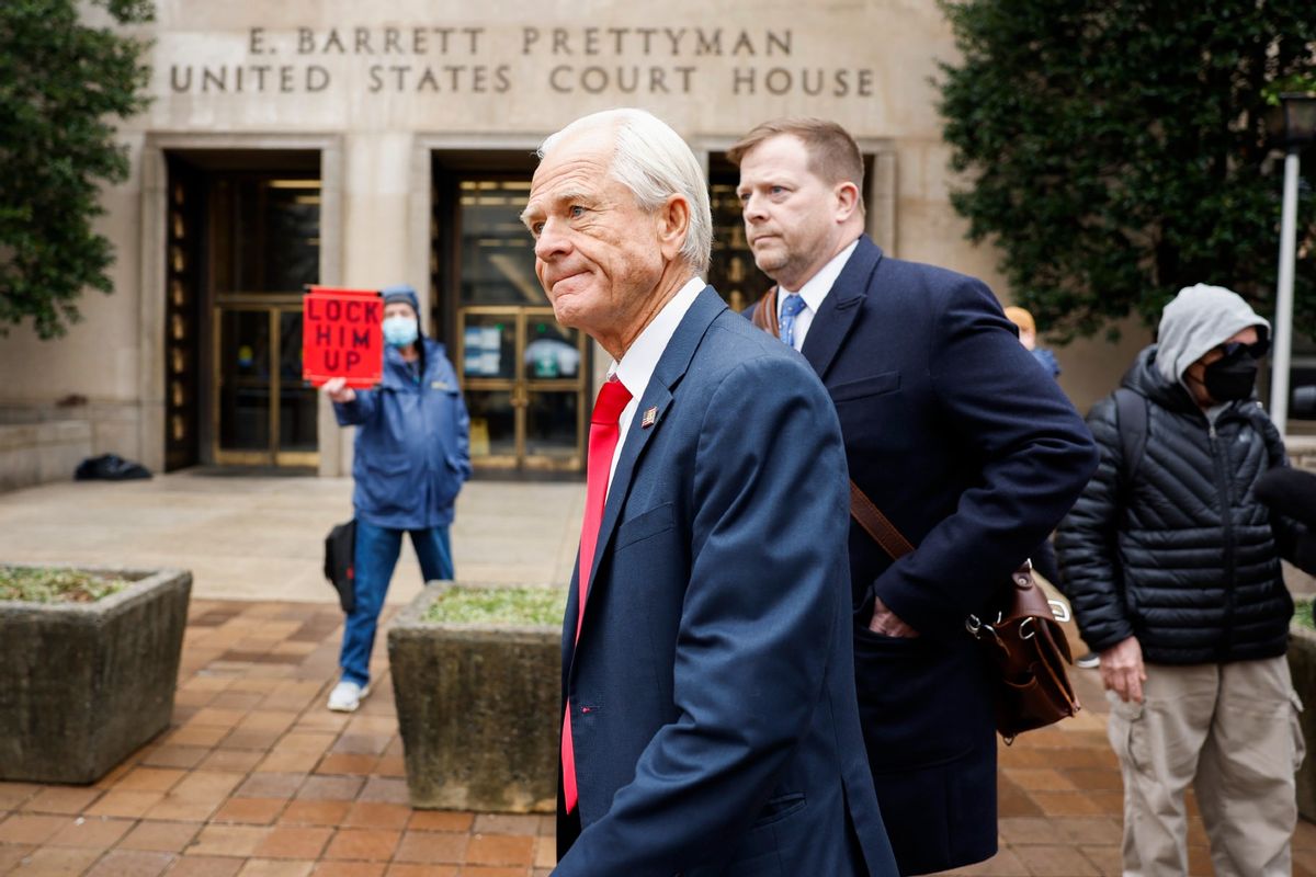 Peter Navarro (L), a former advisor to former U.S. President Donald Trump, departs the E. Barrett Prettyman Courthouse on January 25, 2024 in Washington, DC.  (Anna Moneymaker/Getty Images)