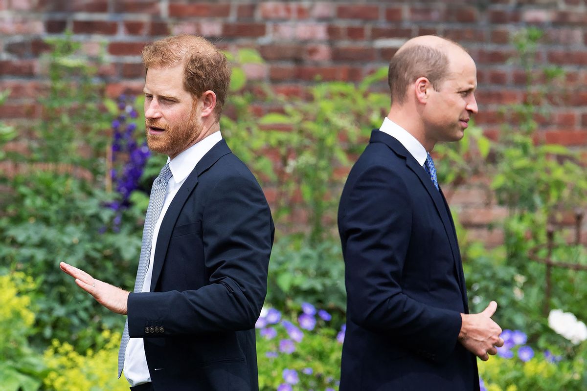 Britain's Prince Harry, Duke of Sussex (L) and Britain's Prince William, Duke of Cambridge attend the unveiling of a statue of their mother, Princess Diana at The Sunken Garden in Kensington Palace, London on July 1, 2021, which would have been her 60th birthday. (DOMINIC LIPINSKI/POOL/AFP via Getty Images)