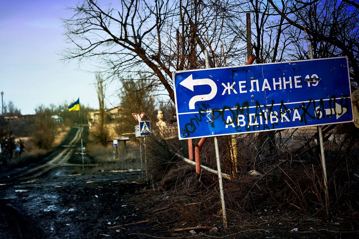A street sign seen on the road to the city, the outskirts of Avdiivka on February 14, 2024 in Avdiivka district, Ukraine. (Kostiantyn Liberov/Libkos/Getty Images)