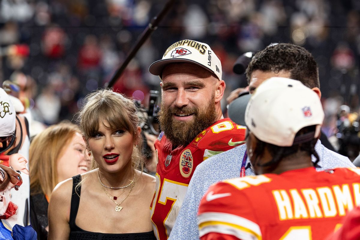 Travis Kelce #87 of the Kansas City Chiefs and Taylor Swift react as they see Mecole Hardman Jr. #12 of the Kansas City Chiefs following the NFL Super Bowl 58 football game between the San Francisco 49ers and the Kansas City Chiefs at Allegiant Stadium on February 11, 2024 in Las Vegas, Nevada. (Michael Owens/Getty Images)