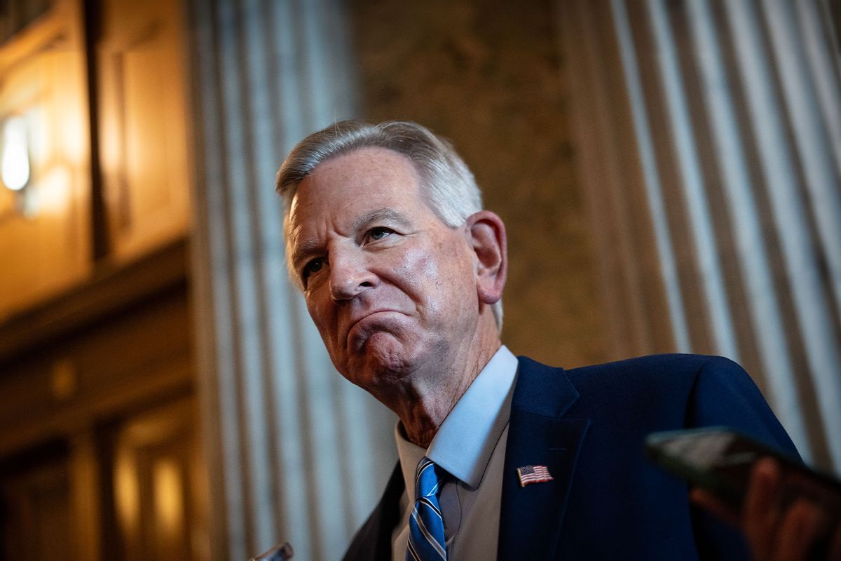 Sen. Tommy Tuberville (R-AL) speaks to reporters on his way to a closed-door lunch meeting with Senate Republicans at the U.S. Capitol November 7, 2023 in Washington, DC. (Drew Angerer/Getty Images)