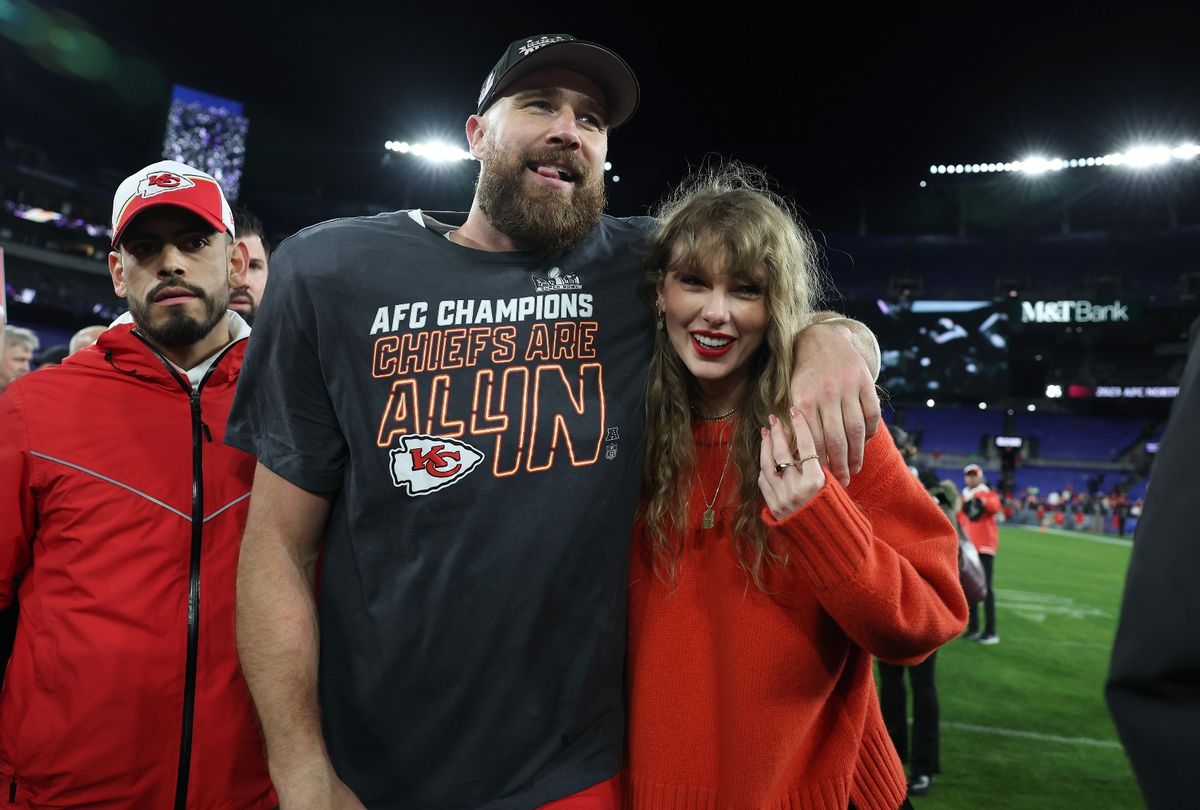 Travis Kelce #87 of the Kansas City Chiefs celebrates with Taylor Swift after a 17-10 victory against the Baltimore Ravens in the AFC Championship Game at M&T Bank Stadium on January 28, 2024 in Baltimore, Maryland (Patrick Smith/Getty Images)