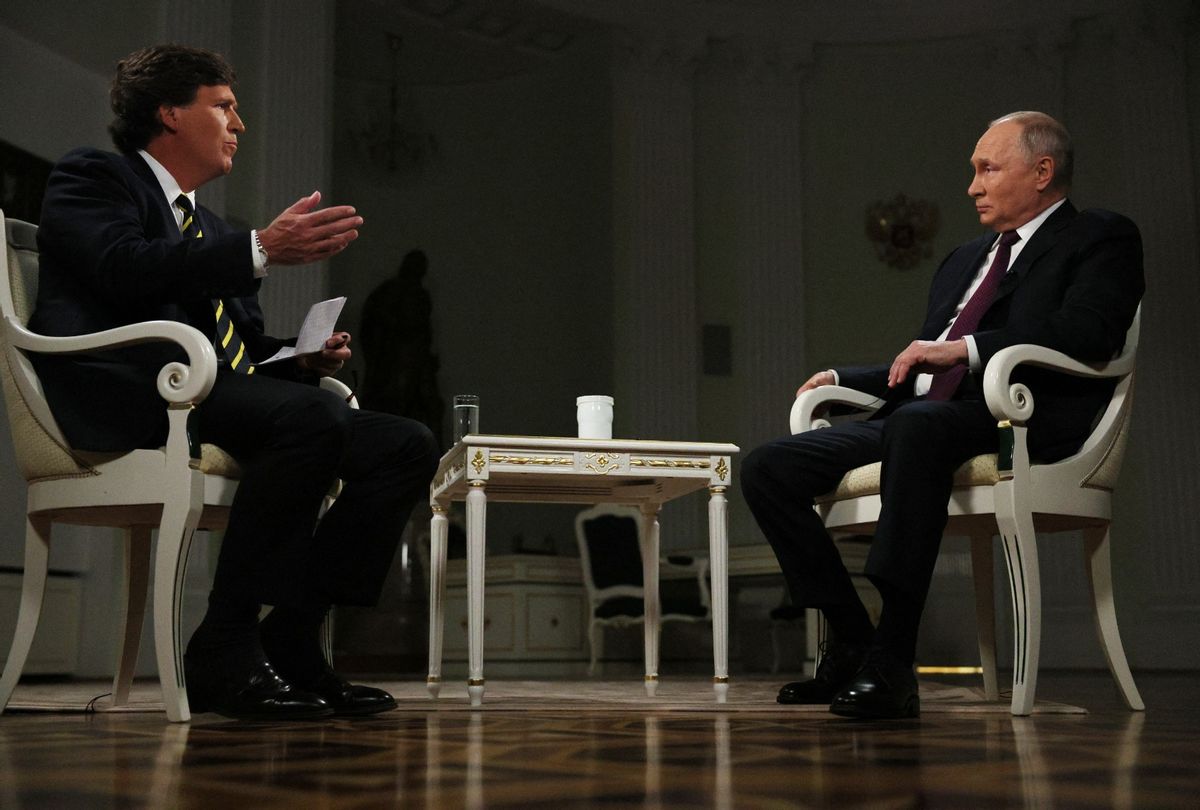 Russia's President Vladimir Putin gives an interview to US talk show host Tucker Carlson at the Kremlin in Moscow on February 6, 2024. (GAVRIIL GRIGOROV/POOL/AFP via Getty Images)
