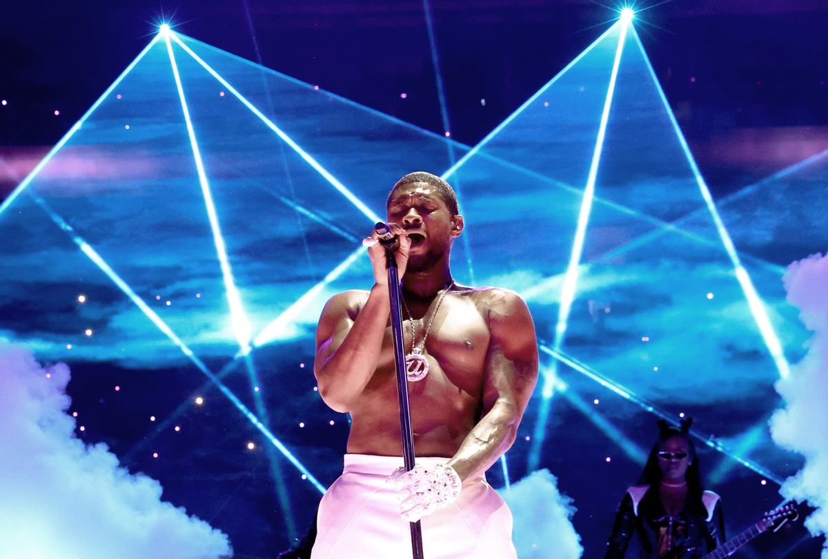 Usher performs onstage during the Apple Music Super Bowl LVIII Halftime Show at Allegiant Stadium on February 11, 2024 in Las Vegas, Nevada (Kevin Mazur/Getty Images for Roc Nation)