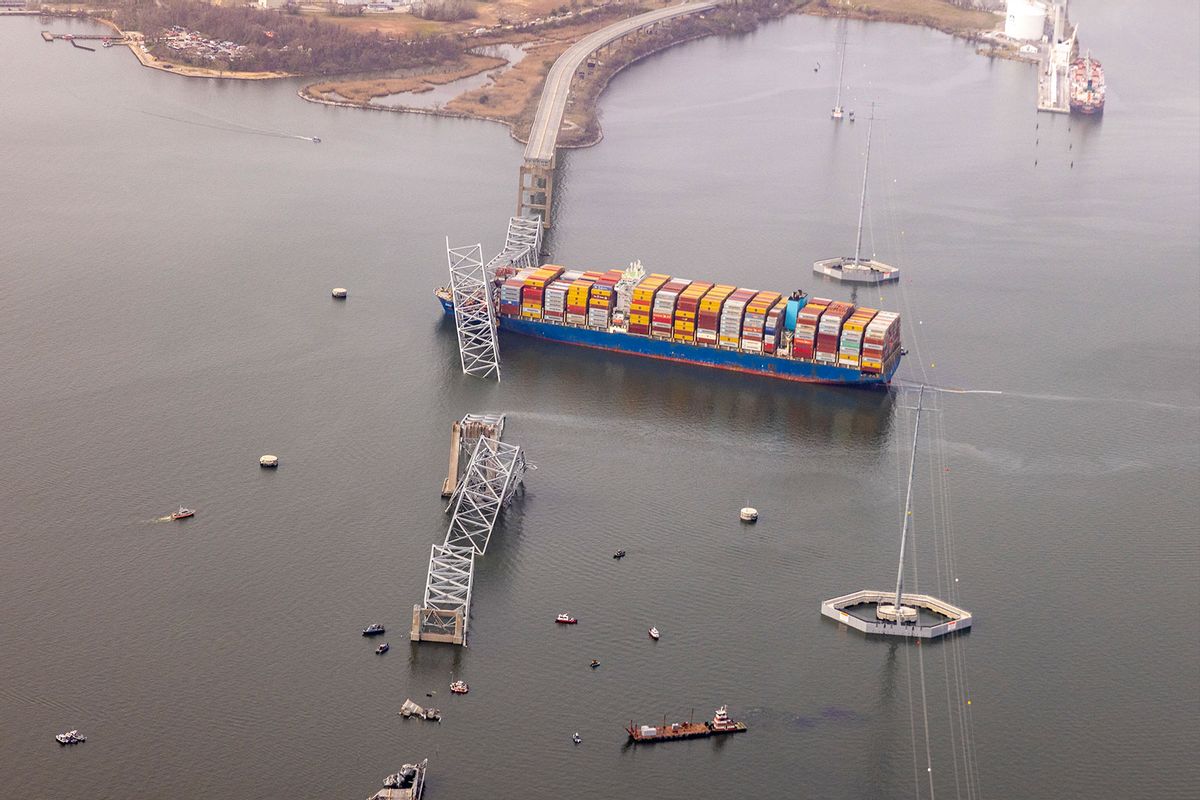 In an aerial view, cargo ship Dali is seen after running into and collapsing the Francis Scott Key Bridge on March 26, 2024 in Baltimore, Maryland. (Tasos Katopodis/Getty Images)