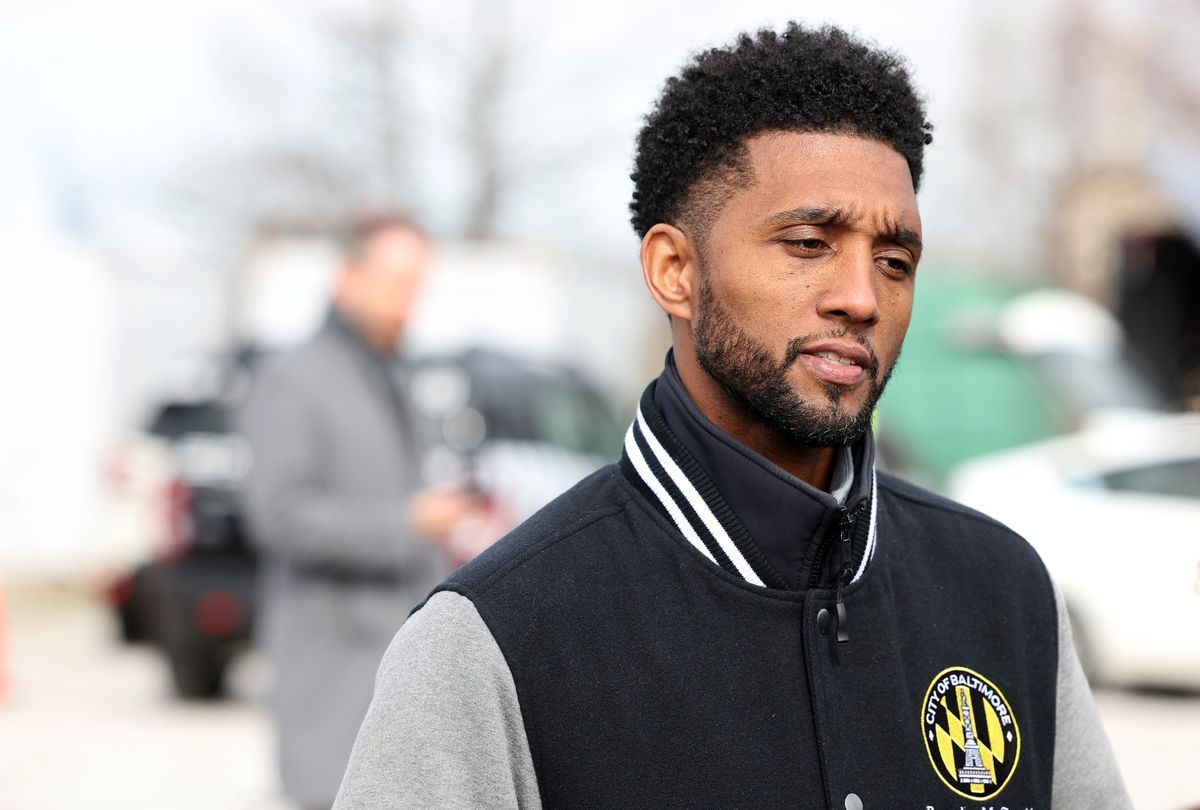 Baltimore Mayor Brandon Scott talks with the media after a cargo ship ran into and collapsed the Francis Scott Key Bridge on March 26, 2024 in Baltimore, Maryland. (Rob Carr/Getty Images)