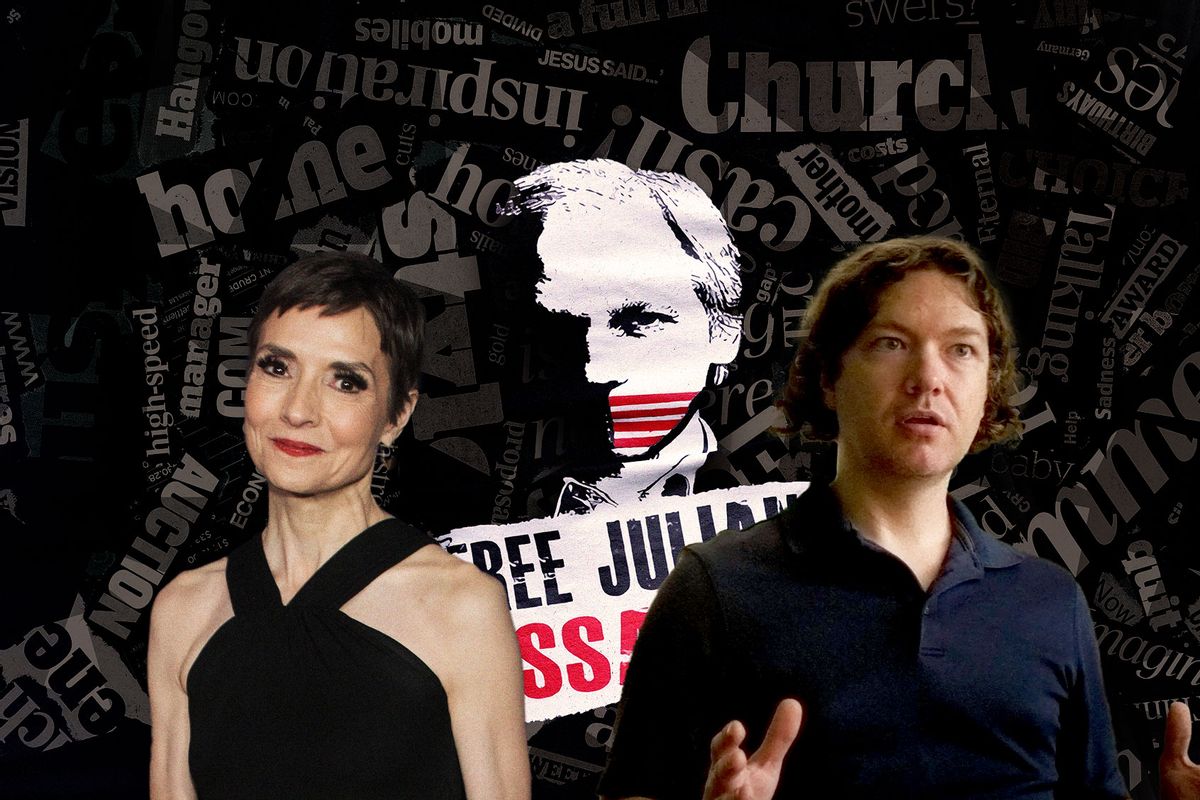 Catherine Herridge and Tim Burke in front of a Julian Assange poster (Photo illustration by Salon/Getty Images/Netlix)