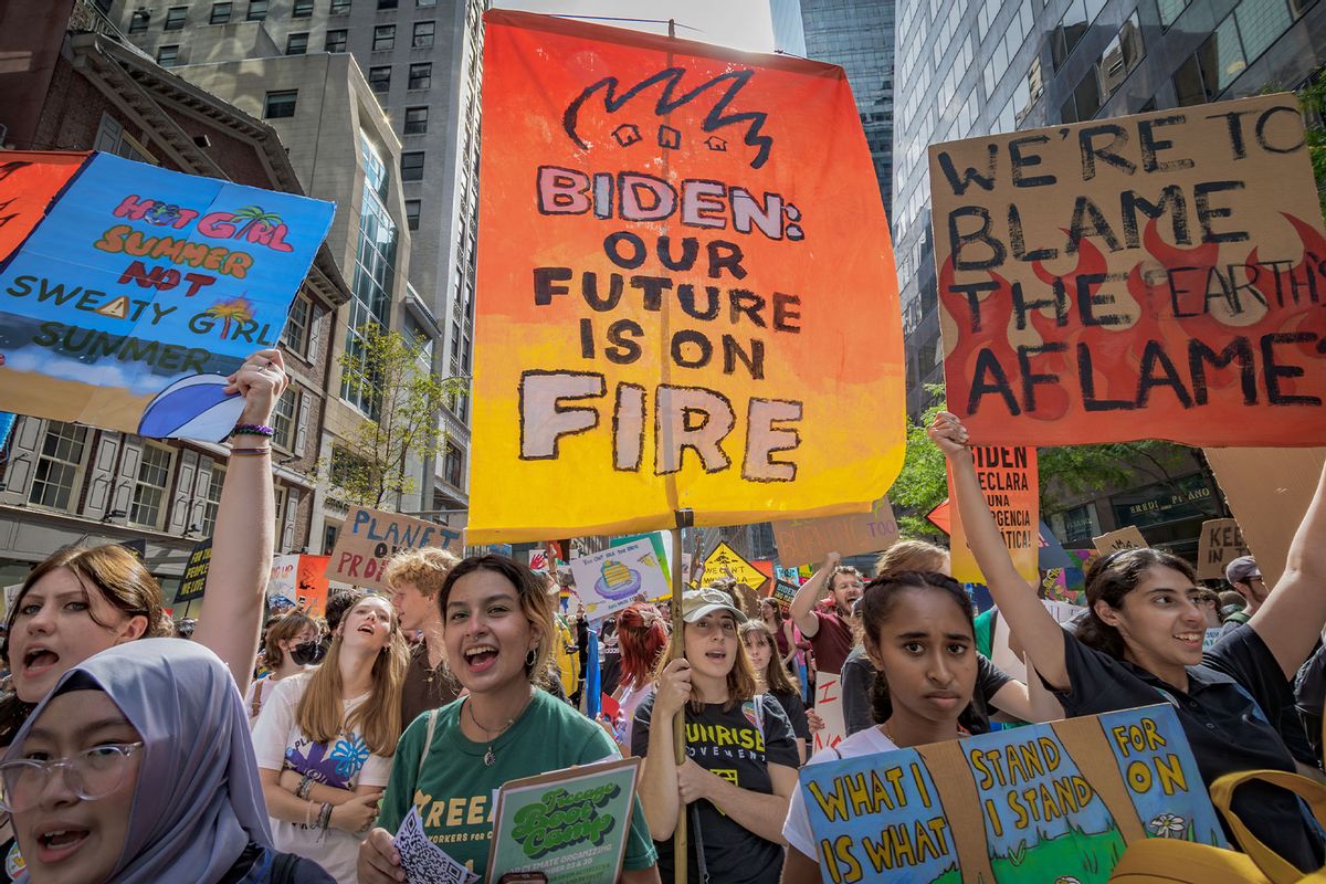 Thousands of youth, frontline advocates and climate and community activists joined in the March to End Fossil Fuels in New York City, making it the largest climate mobilization in the United States since the start of the pandemic. (Erik McGregor/LightRocket via Getty Images)