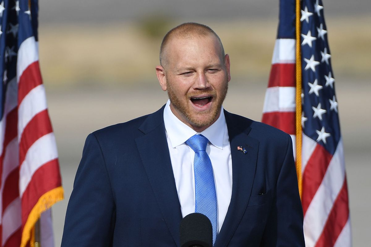 Republican congressional candidate and former professional wrestler Daniel Rodimer speaks during a rally for U.S. Vice President Mike Pence at the Boulder City Airport on October 8, 2020 in Boulder City, Nevada. (Ethan Miller/Getty Images)
