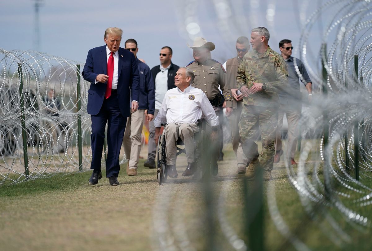 Former president Donald Trump speaks during a visit to Eagle Pass, Tex. on Thursday, Feb. 29, 2024. Trump is joined by Texas Gov. Greg Abbott.  (Jabin Botsford/The Washington Post via Getty Images)