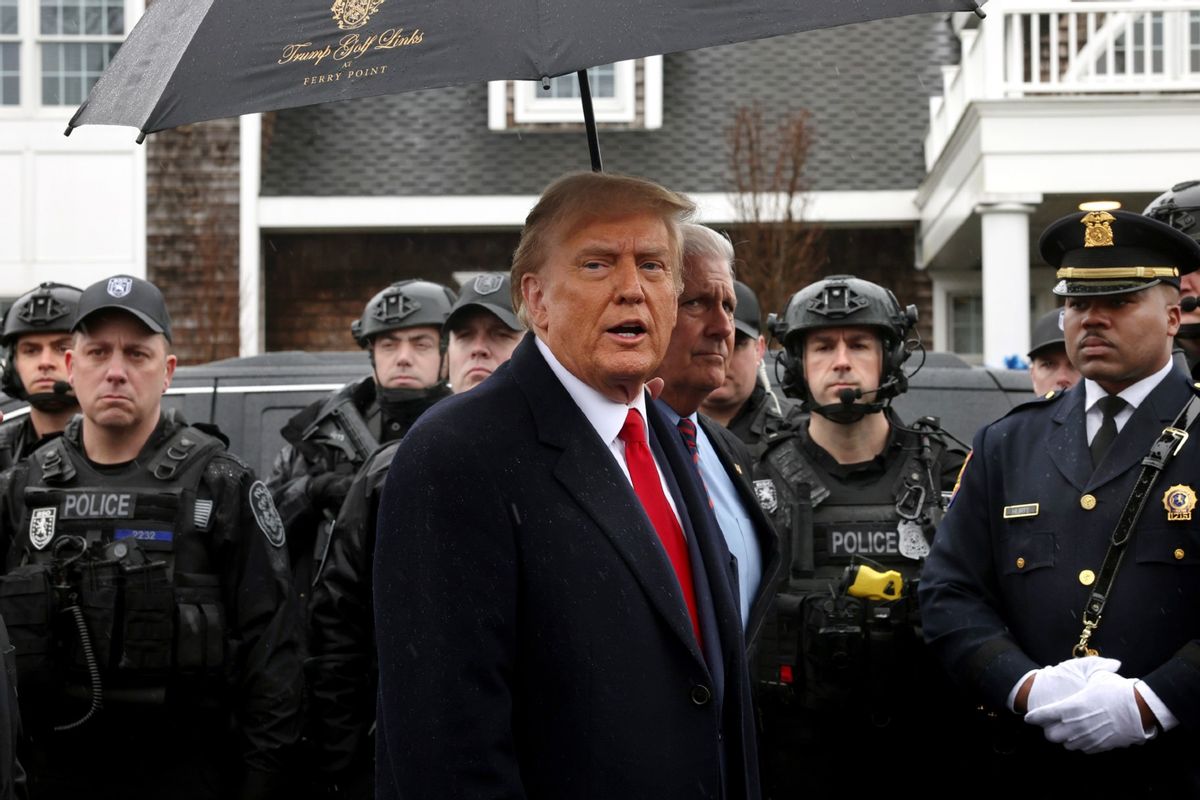 Former U.S. President Donald Trump speaks to the media after attending the wake of slain NYPD Officer Jonathan Diller at the Massapequa Funeral Home on March 28, 2024 in Massapequa, New York. (Spencer Platt/Getty Images)