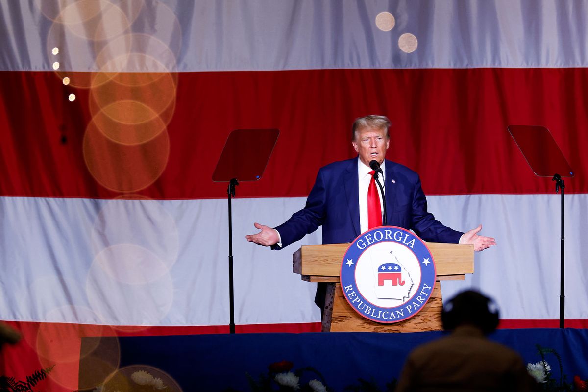 Former U.S. President Donald Trump delivers remarks during the Georgia state GOP convention at the Columbus Convention and Trade Center on June 10, 2023 in Columbus, Georgia. (Anna Moneymaker/Getty Images)
