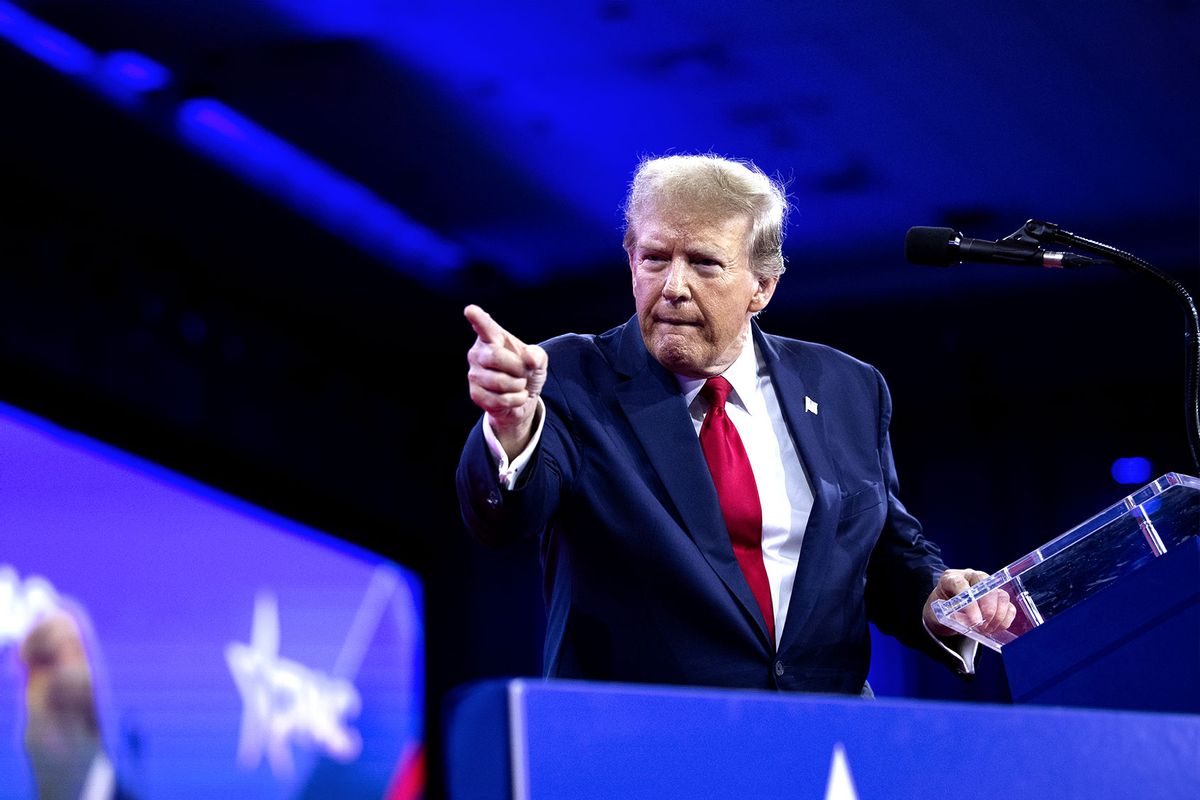 Former President Donald Trump gestures while delivering a story, during his remarks at the Conservative Political Action Conference (CPAC) in National Harbor, Maryland, on Saturday, February 24, 2024. (Tom Brenner for The Washington Post via Getty Images)