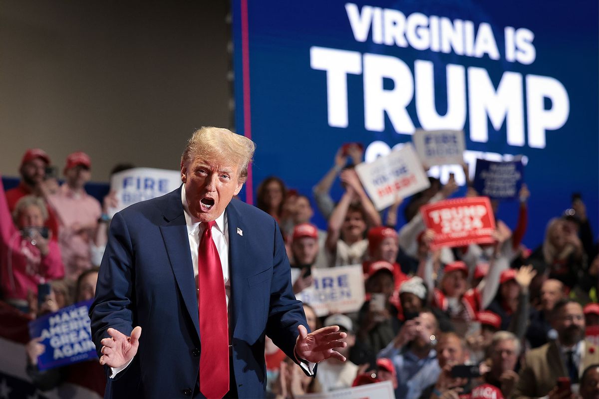 Republican presidential candidate and former President Donald Trump reacts to supporters as he arrives on stage at a Get Out the Vote Rally March 2, 2024 in Richmond, Virginia. (Win McNamee/Getty Images)