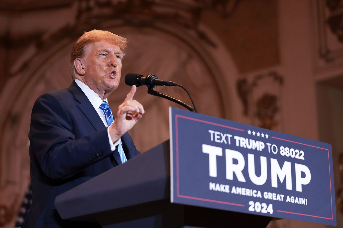 Republican presidential candidate, former President Donald Trump speaks at an election-night watch party at Mar-a-Lago on March 5, 2024 in West Palm Beach, Florida. Sixteen states held their primaries and caucuses today as part of Super Tuesday. (Photo by  (Win McNamee/Getty Images)