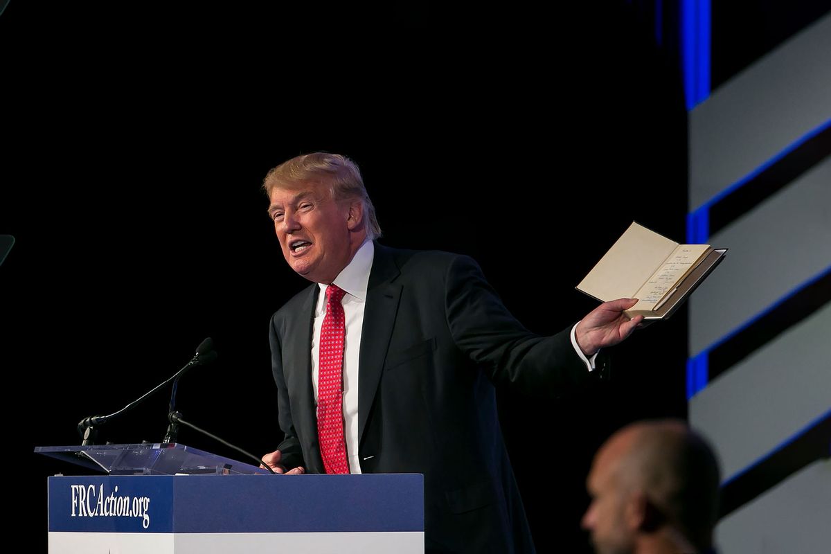 Donald Trump speaks while holding his bible at the Values Voters Summit at the Omni Shoreham hotel in Washington D.C., Friday, September 25, 2015. (Al Drago/CQ Roll Call/Getty Images)