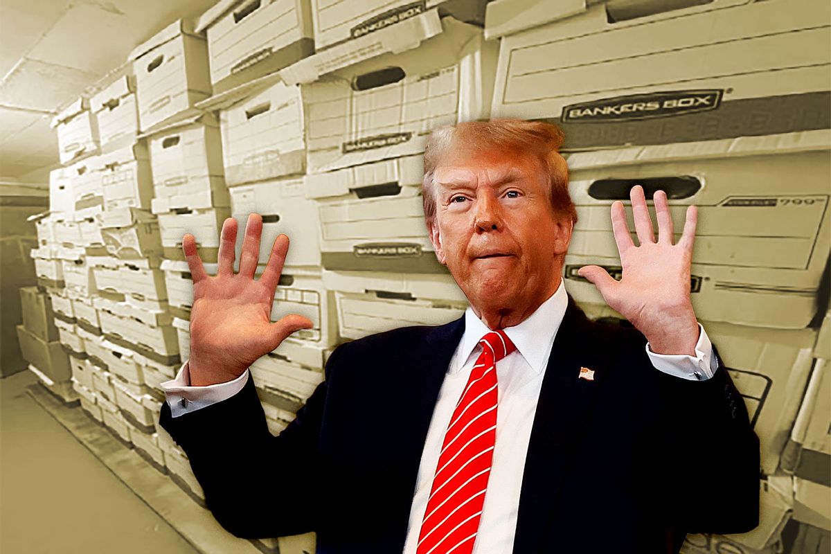 Donald Trump | Stacks of boxes in the storage room can be observed at former U.S. President Donald Trump's Mar-a-Lago estate in Palm Beach, Florida. (Photo illustration by Salon/Getty Images)