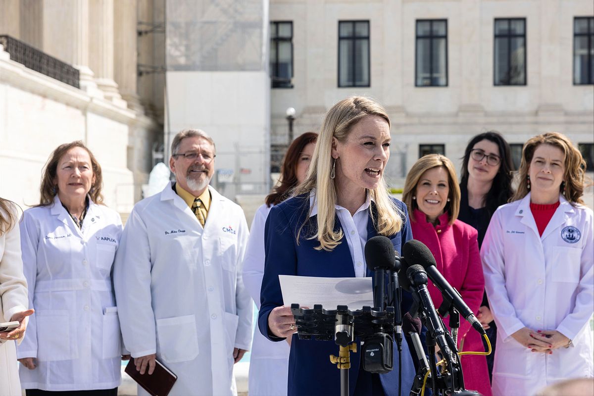 Erin Hawley, a Missouri attorney representing the Alliance for Hippocratic Medicine, speaks to the media as she departs the Supreme Court following oral arguments in the case of the U.S. Food and Drug Administration v. Alliance for Hippocratic Medicine on March 26, 2024 in Washington, DC. (Anna Rose Layden/Getty Images)
