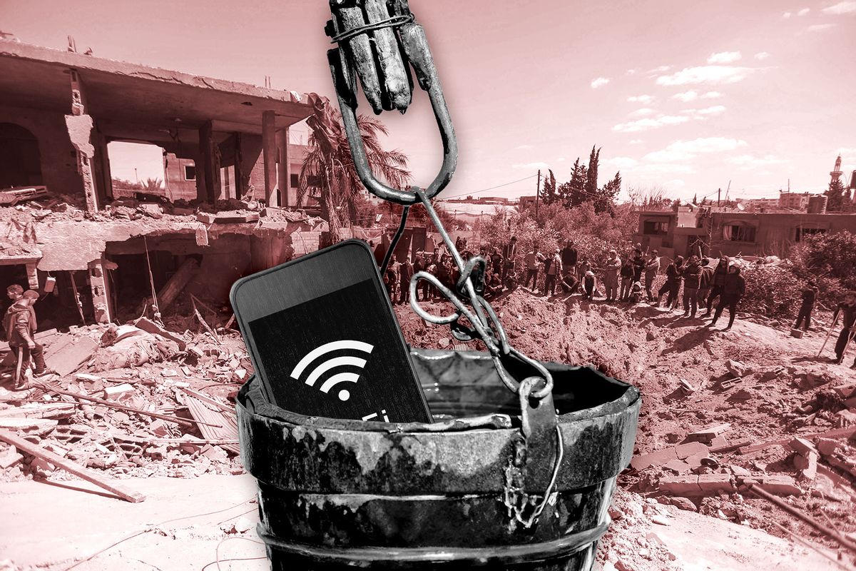 Smartphone giving off WiFi in a bucket | People inspect damage and recover items from their homes following Israeli air strikes on March 20, 2024 in Rafah, Gaza. (Photo illustration by Salon/Getty Images)