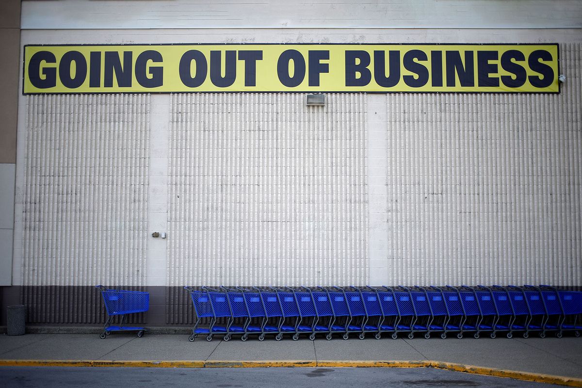 A "Going Out Of Business"sign is displayed outside a retail store (Bloomberg Creative Photos/Getty Images)