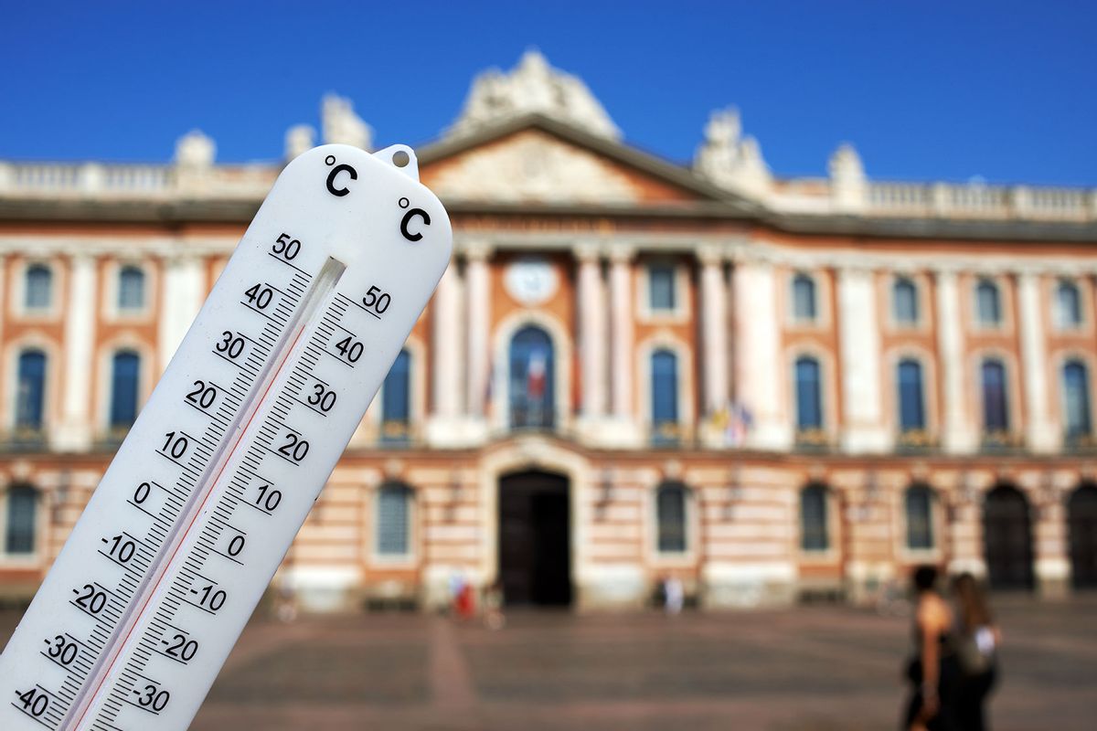 A thermometer reads 43C (110?F) in front of the townhall of Toulouse, France on August 22th 2023. (Alain Pitton/NurPhoto via Getty Images)