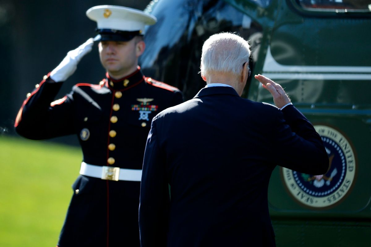 U.S. President Joe Biden salutes as he boards the Marine One presidential helicopter and departs the White House on February 29, 2024 in Washington, DC. (Chip Somodevilla/Getty Images)