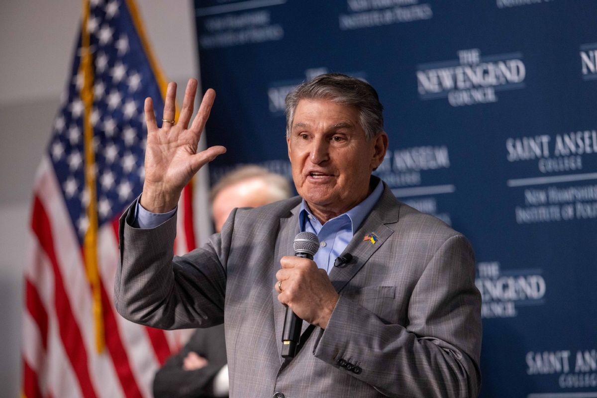 Sen. Joe Manchin (D-WV) speaks during a "Politics & Eggs" event at the New Hampshire Institute Politics at St. Anselm College on January 12, 2024 in Manchester, New Hampshire.  (Scott Eisen/Getty Images)