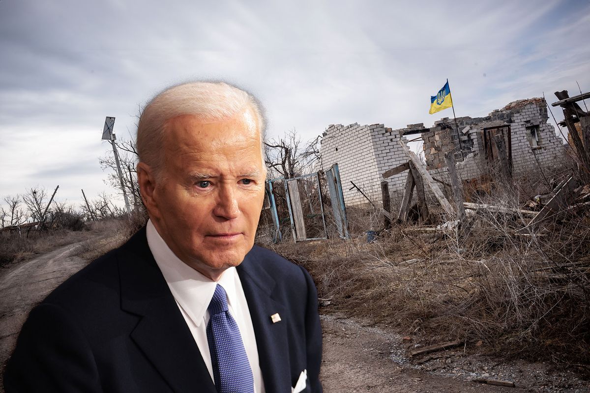 Joe Biden | A view of damaged houses as Russia-Ukraine war continues in Dolyna, Ukraine on March 13, 2024. (Photo illustration by Salon/Getty Images)