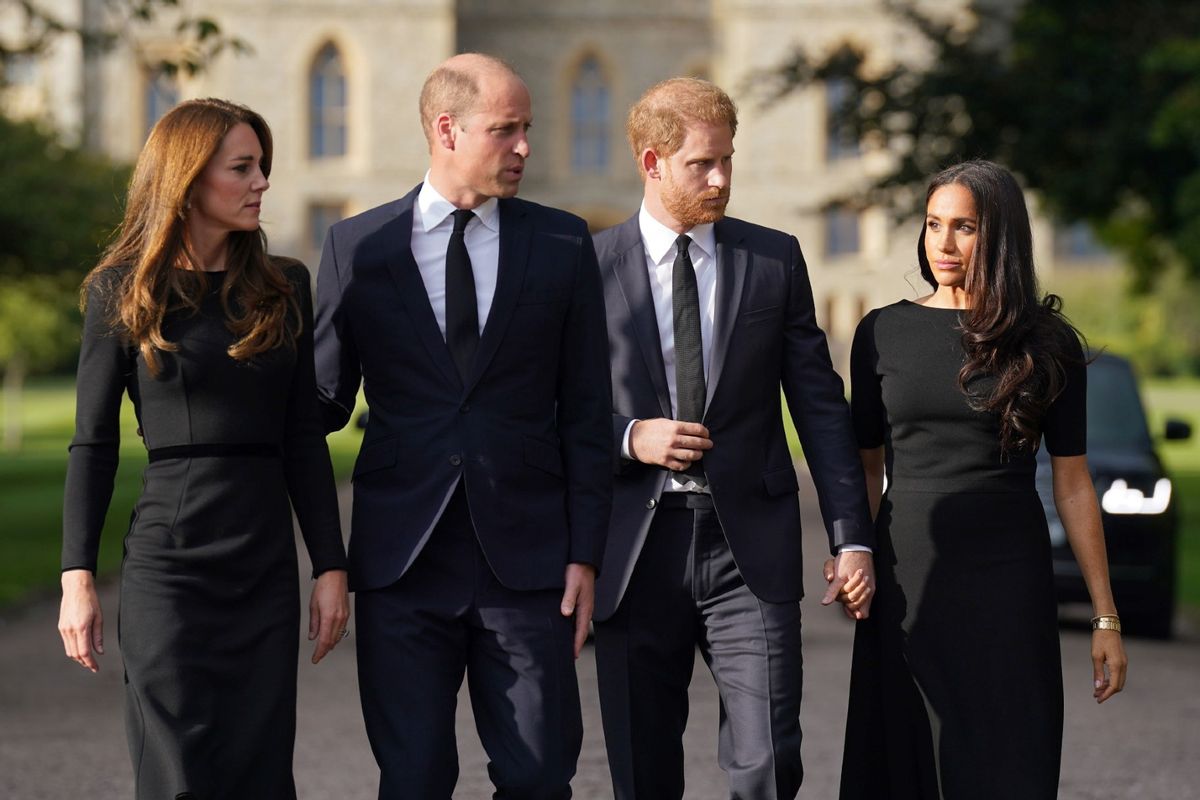 Catherine, Princess of Wales, Prince William, Prince of Wales, Prince Harry, Duke of Sussex, and Meghan, Duchess of Sussex on the long Walk at Windsor Castle on September 10, 2022 in Windsor, England. (Kirsty O'Connor - WPA Pool/Getty Images)