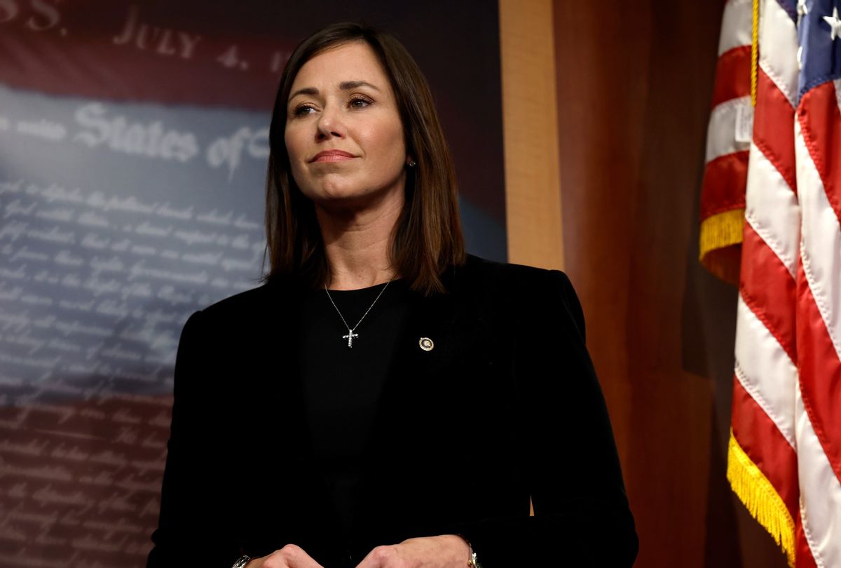 Sen. Katie Britt (R-AL) listens during a news conference on border security at the U.S. Capitol Building on September 27, 2023 in Washington, DC.  (Anna Moneymaker/Getty Images)
