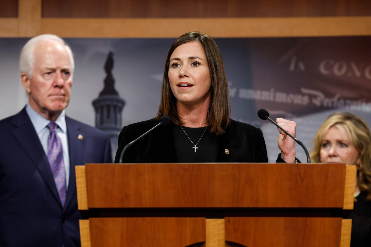 Sen. Katie Britt (R-AL) speaks during a news conference on border security at the U.S. Capitol Building on September 27, 2023 in Washington, DC.  (Anna Moneymaker/Getty Images)