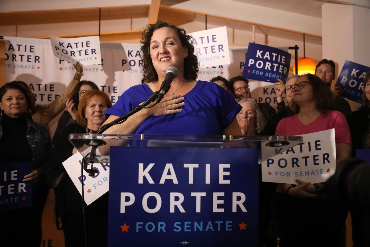 U.S. Representative Katie Porter applauds her daughter Betsy Hoffman, 12, off camera, while she introduces her mother to supporters at Porter's watch party at The Bungalow in Long Beach on March 5, 2024.   (Genaro Molina/Los Angeles Times via Getty Images)